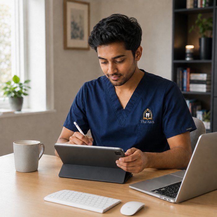 A dentist working through the portal on a tablet